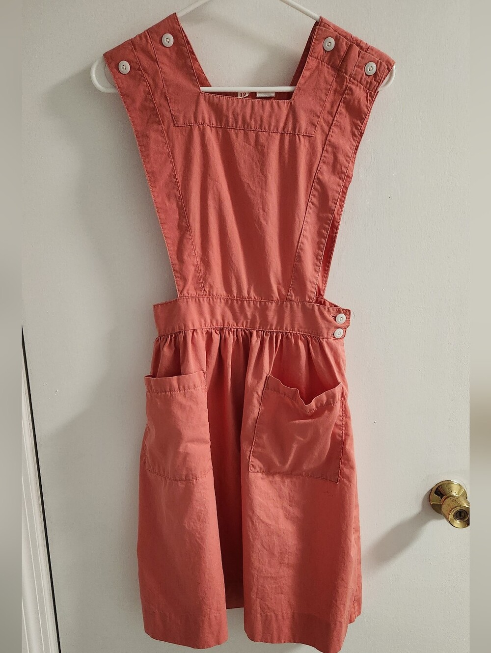 Vintage Coral Pinafore Apron Dress with Front Pockets, Size 12